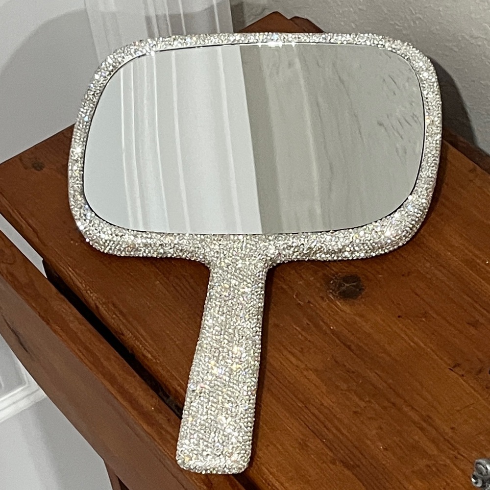 Glitz and Glam XL Sparkling Handheld Vanity Mirror 5X - Silver Crystal Stunning